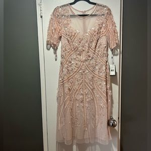 Adrianna Papell soft pink midi cocktail dress with beading and 3D flowers size 8